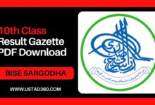 Matric 10th Class Result Gazette BISE Sargodha Board PDF