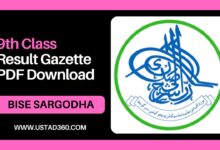 BISE Sargodha Board 9th Class Result Gazette PDF